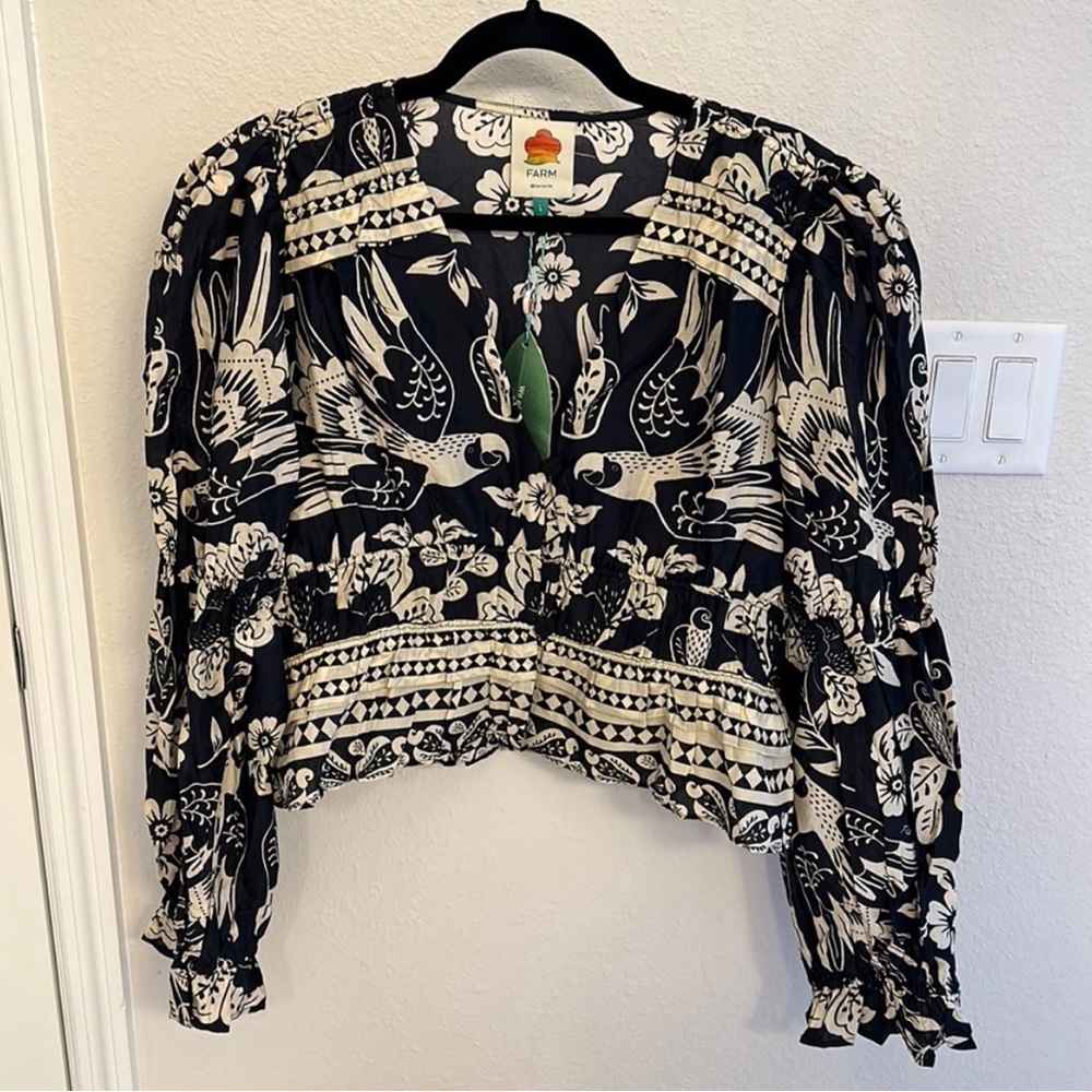 Farm Rio Graphic Floral/Toucan Print Blouse